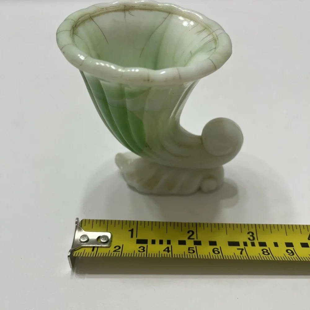 Vintage Green White Swirl Slag Glass Cornucopia Miniature Vase Toothpick Holder